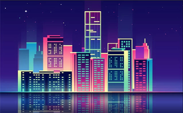 未来科技科幻霓虹灯渐变绚丽城市建筑夜景灯光插画AI/PSD设计素材100套【007】
